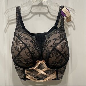 NWT Cacique Bra Longline 44DDD Black Ribbon Lace Bustier Plunge Seriously Sexy